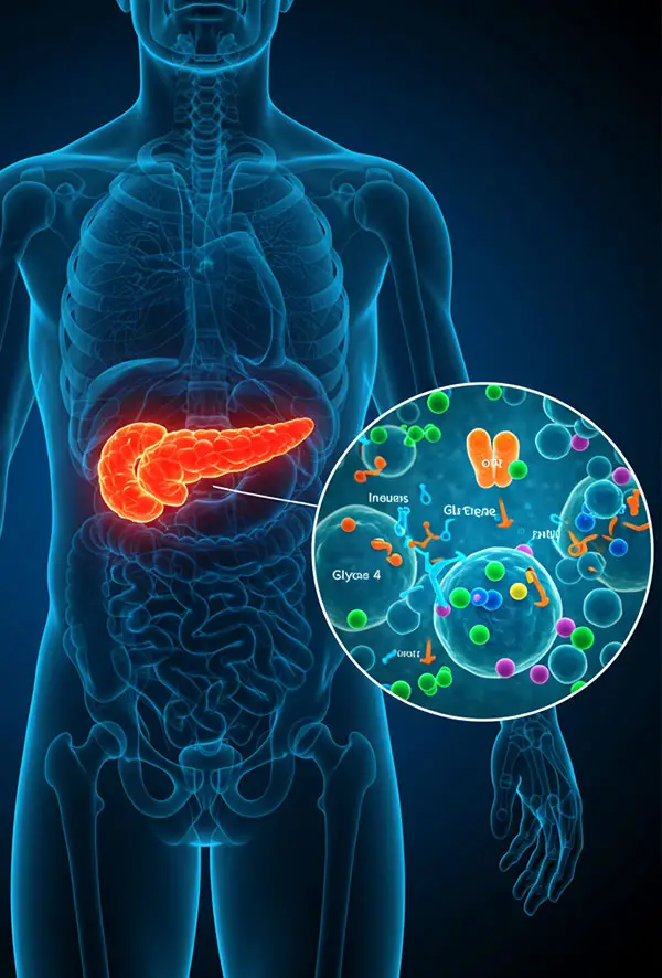 Illustration of the pancreas and cellular glucose transport