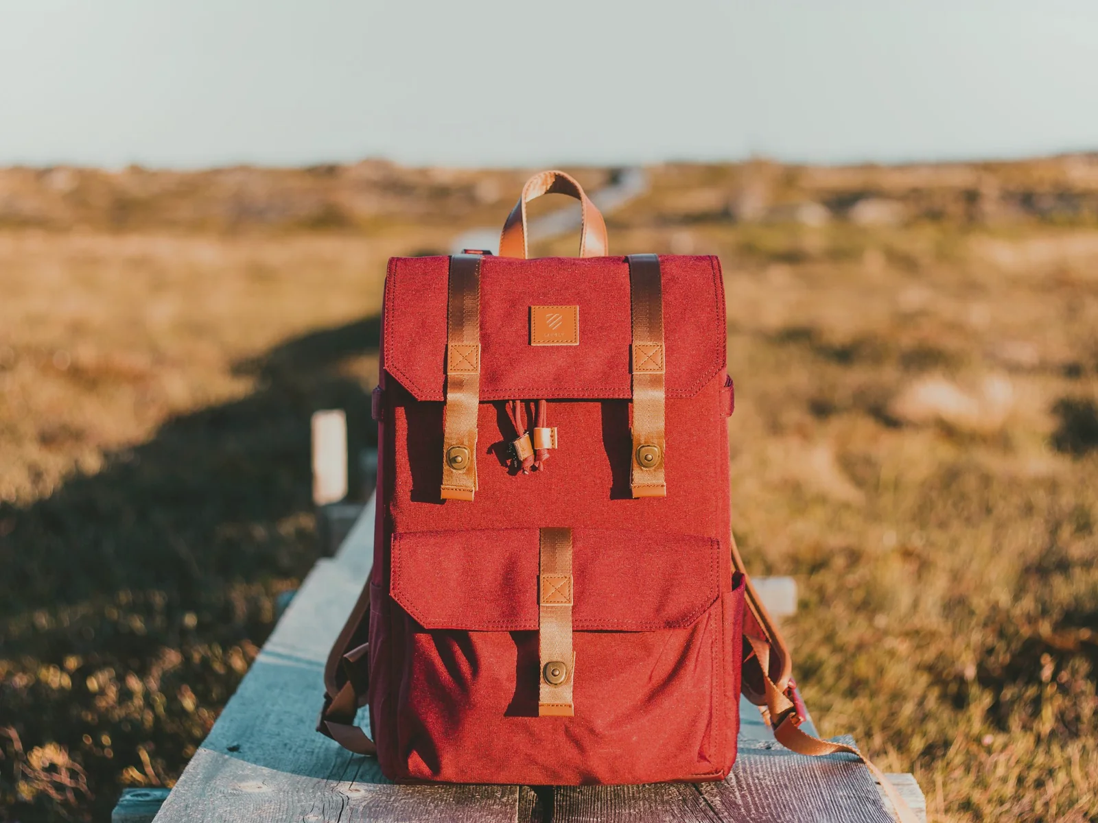 Red backpack resting on a park bench during a day out