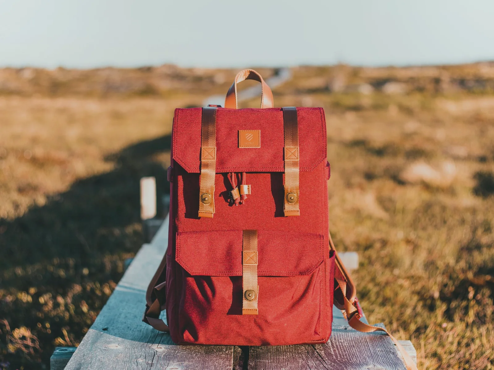Red backpack resting on a park bench during a day out