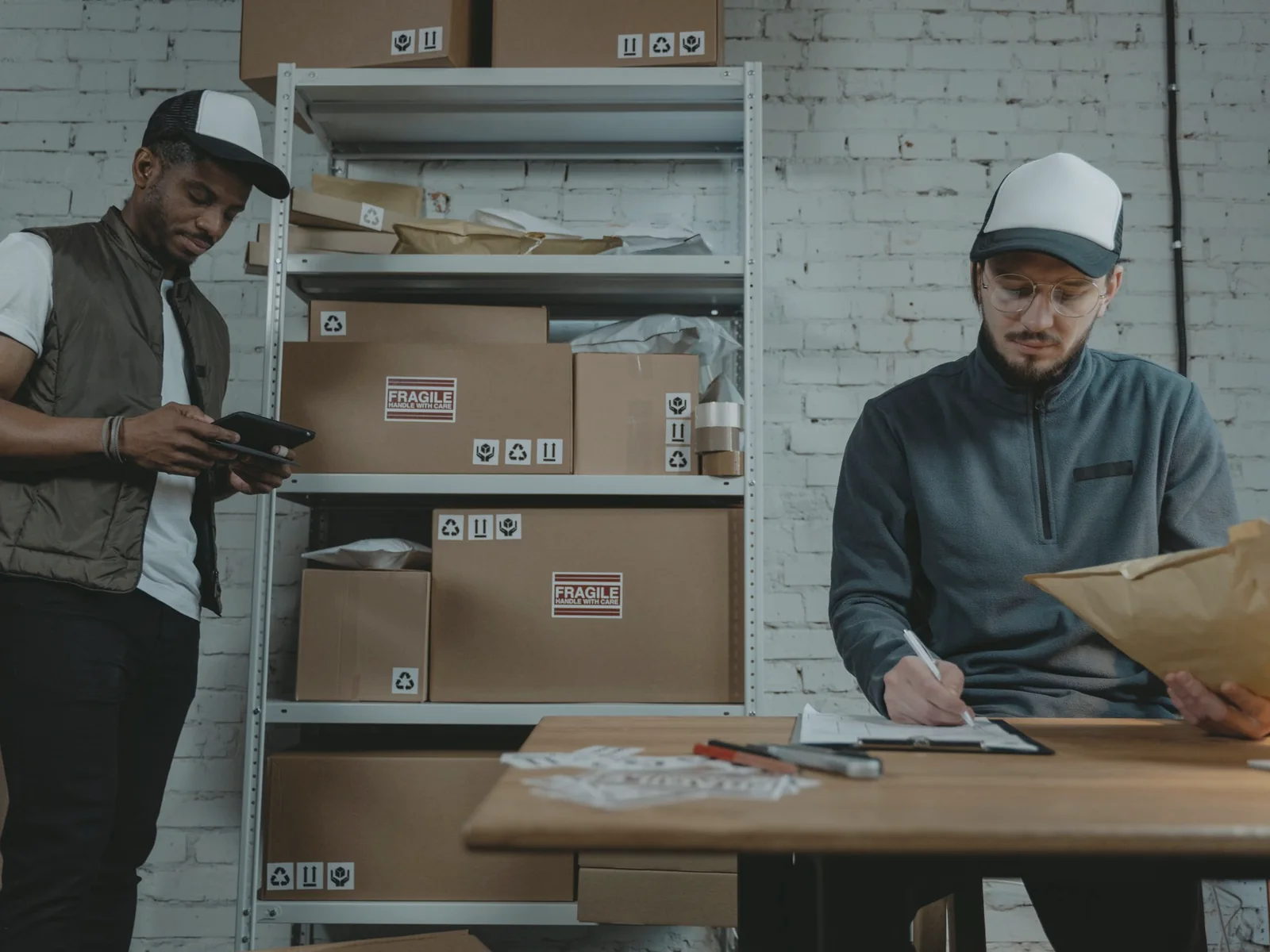 Workers sorting labeled packages and paperwork at a supply desk